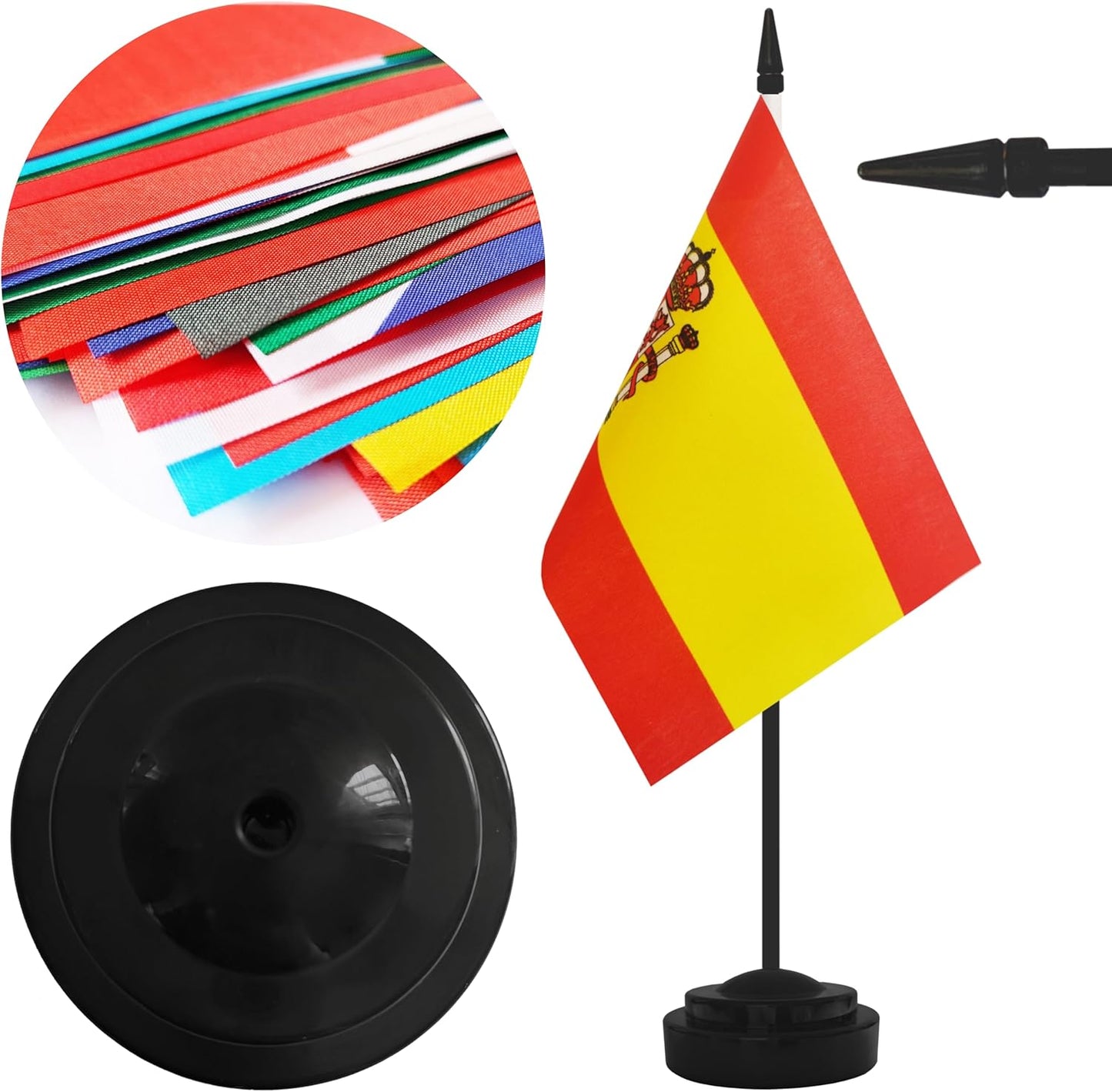 2 Pack Spain Desk Flag Set, Spanish Desktop Small Miniature Table Office Flag with 12" Black Pole and Black Base, Offices, Classroom, Home, Festival Decoration (Spain)