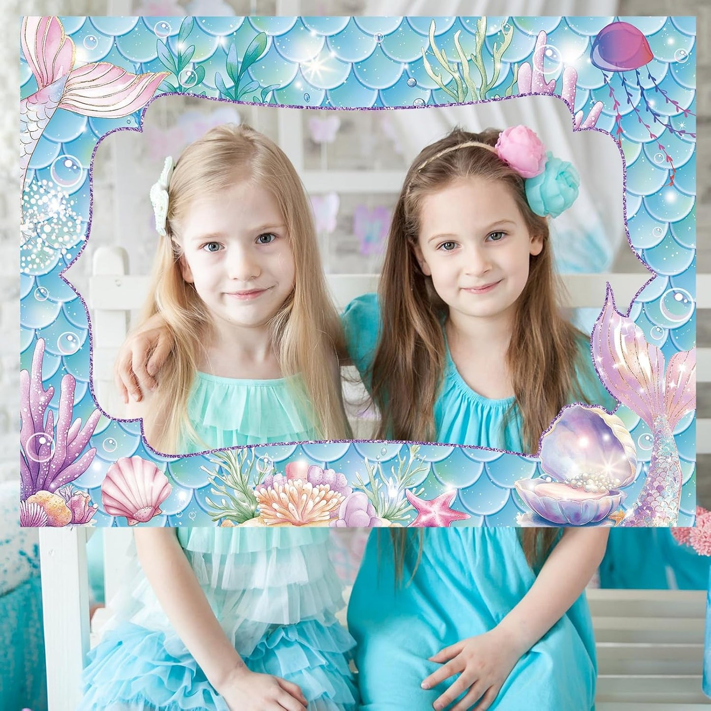 Upgraded 32 x 24 Inch Large Mermaid Photo Booth Props Picture Frame Vintage Photo Frame Friends Selfie Props for Halloween Carnival Christmas Wedding Mexico Party Favors(Mermaid Style)