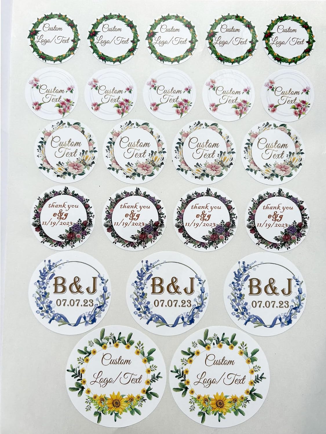 Custom Stickers for Weddings, Birthdays & Businesses - Personalized Labels with Your Logo - Waterproof, Fade and Heat Resistant - Pack of 100-1000 (Wreath H, 3 Inch)