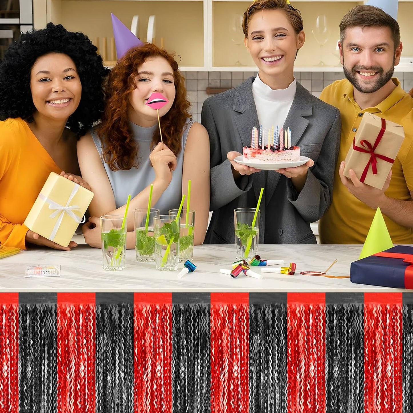 6 Pack 29x108 Inch Black Red Wave Foil Fringe Table Skirts Metallic Banner for Tinsel Streamer Garland Backdrop for Parade Floats Wedding, Mother's Day, Birthday Mardi Gras Party Decorations