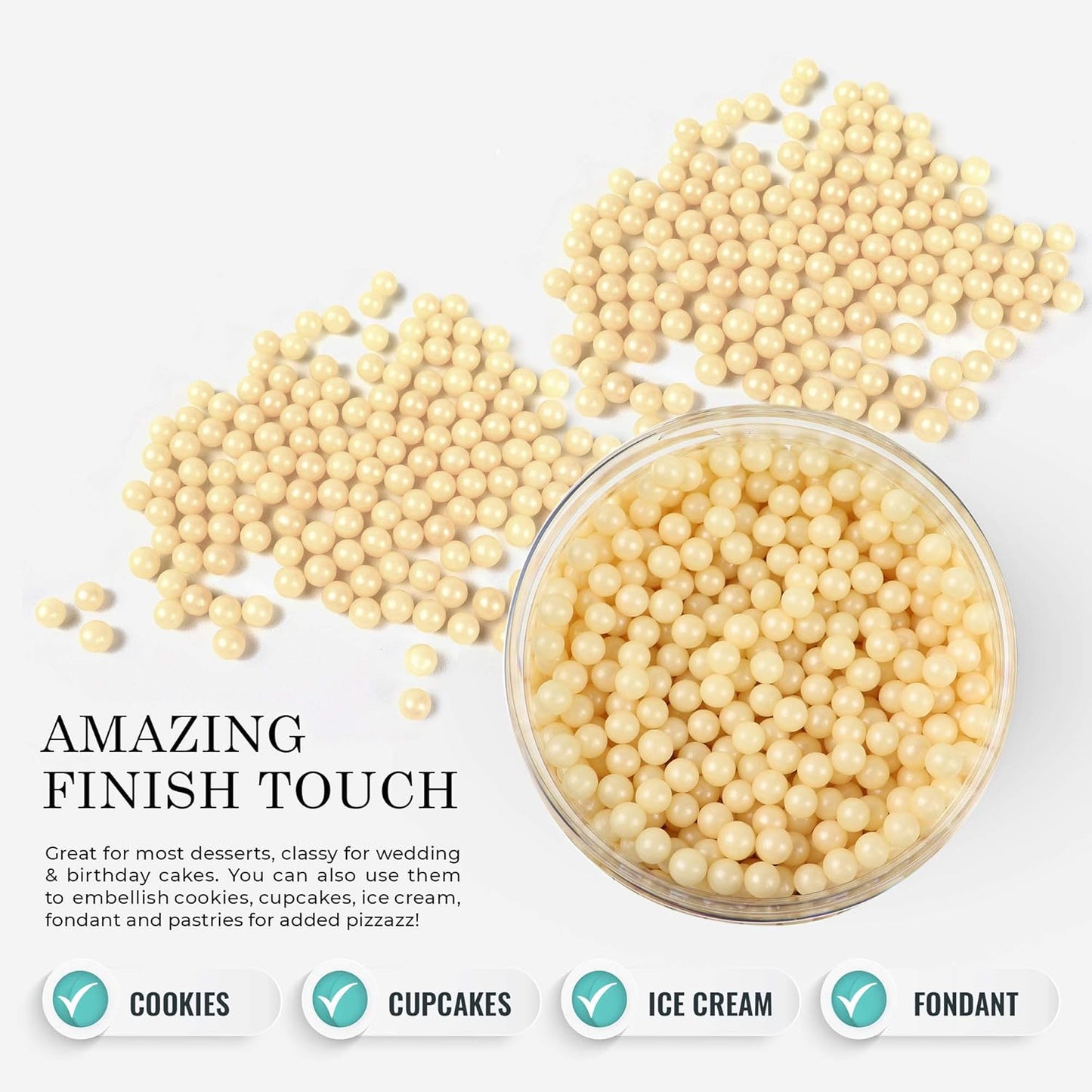 O'Creme Ivory Edible Sugar Pearls Cake Decorating Supplies for Bakers: Cookie, Cupcake & Icing Toppings, Beads Sprinkles For Baking, Certified, Candy Sugar Ball Accents (8mm, 8 oz)