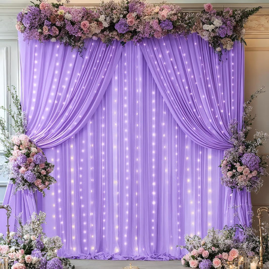Lavender Backdrop Curtains with Lights for Parties,10x10FT Wrinkle Free Polyester Wedding Photo Backdrop Curtains for Baby Shower Birthday Ceremony Reception Home Party Decorations-5ft x 10ft,2 Panels