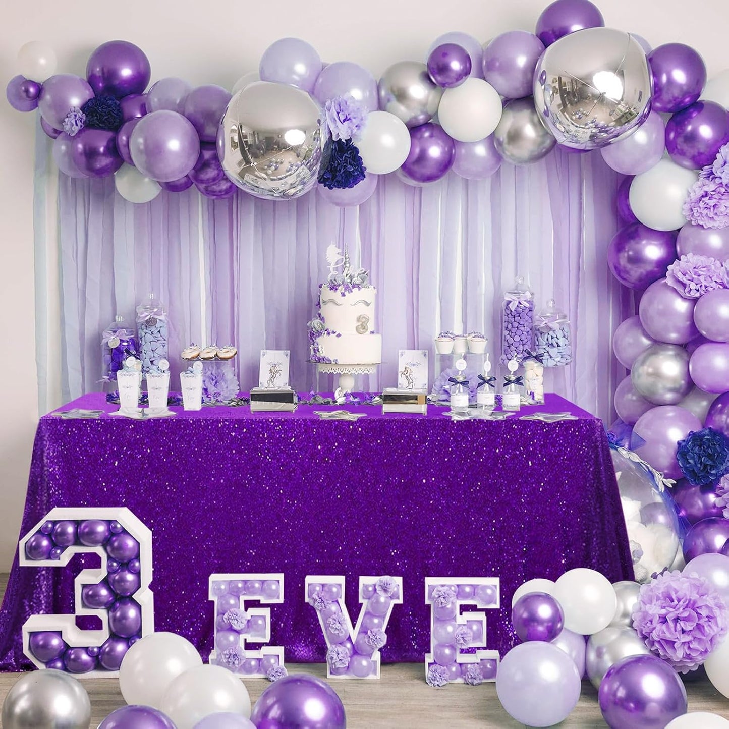 QueenDream Purple Tablecloth Party Table Decorations: 50x80 Inch Sequin Fabric Table Drapes for Graduation Birthday Bridal Shower Party Theme
