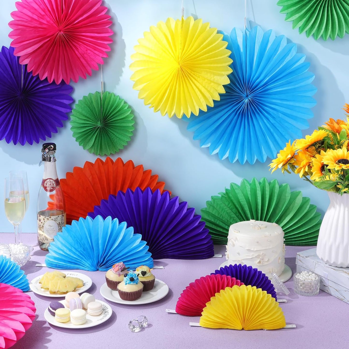 MotiMind 24 Pcs Rainbow Paper Fans Rainbow Party Decorations Classroom Decor Wall Background Ceiling Hanging Decoration for Birthday Wedding Baby Bridal Shower Engagement Party Decor