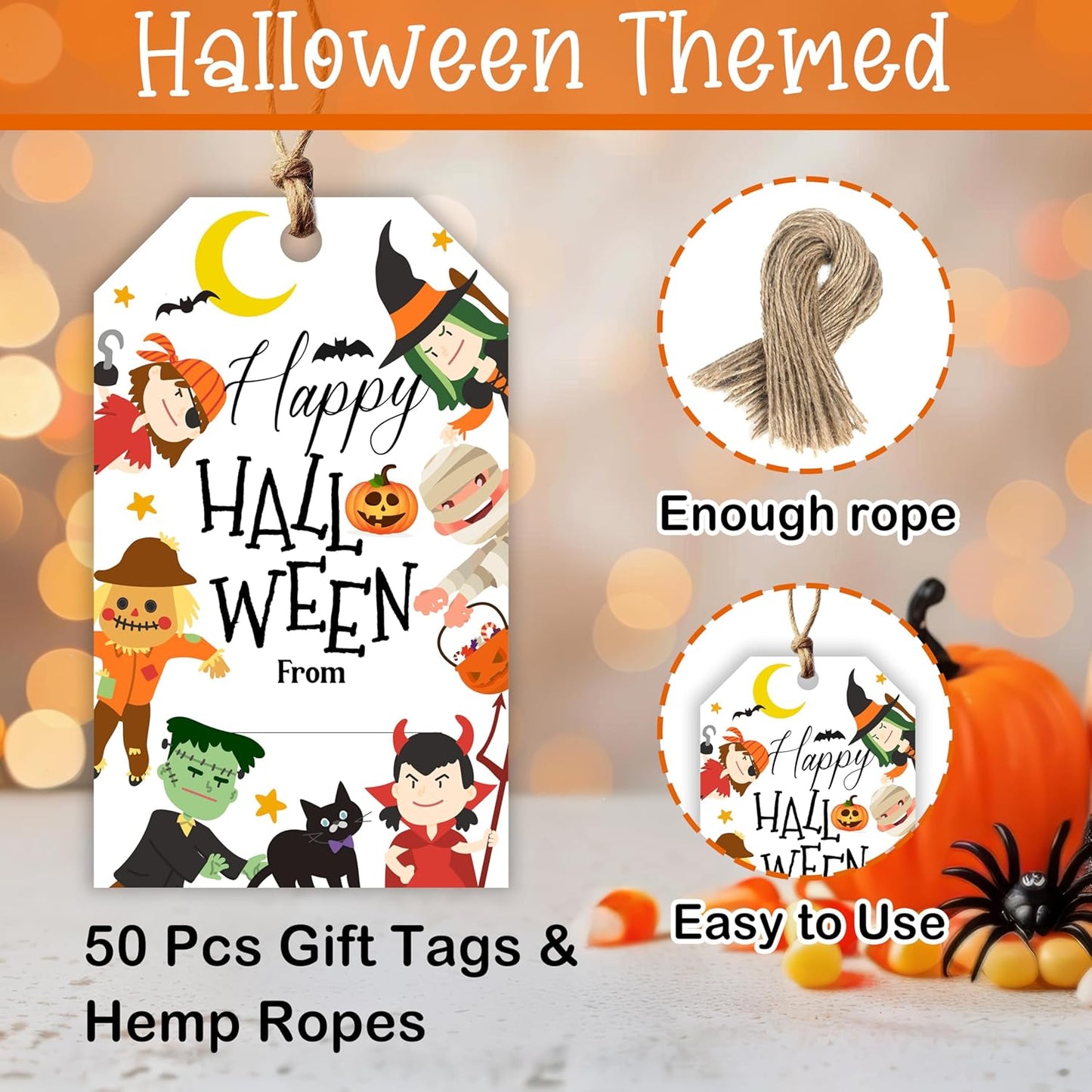 50 Pcs Halloween Tags with String, 2.1"×3.5" Pumpkin Paper Gifts Tags, Ghost Trick or Treat for Candy, Black Cat Happy Halloween Gifts Tag Wrap for Party Favor - B02