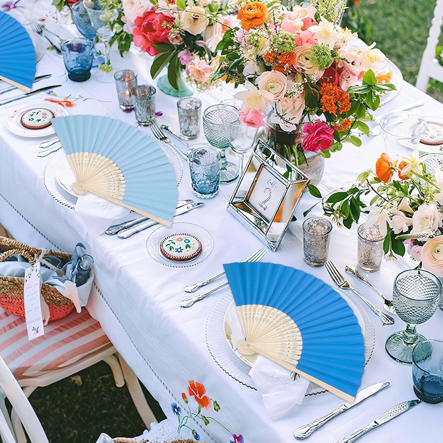 JOHOUSE 12Pcs Blue Paper Folding Hand Fans, 8.3 Inch Handheld Portable Decorative Fans for Wedding, Outdoor Party Favors, Baby Shower Decorations DIY Crafts Photography Prop