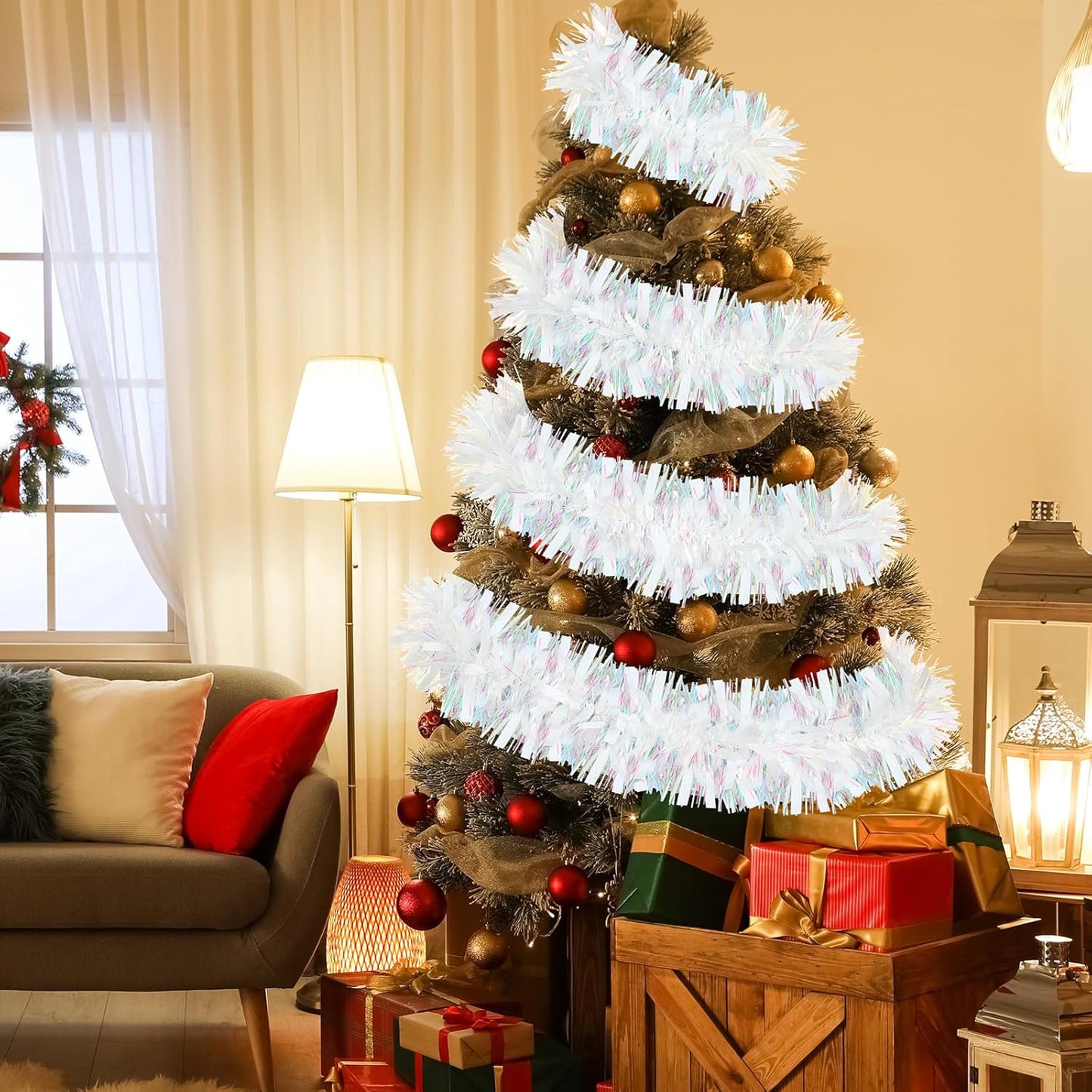 72 Feet Christmas Tinsel Garland Shiny Metallic Tinsel Twist Garland Streamers Ornaments Long Glitter Christmas Tree Hanging Decorations for Party Holiday Wedding Birthday Tree Wall Rail (White)