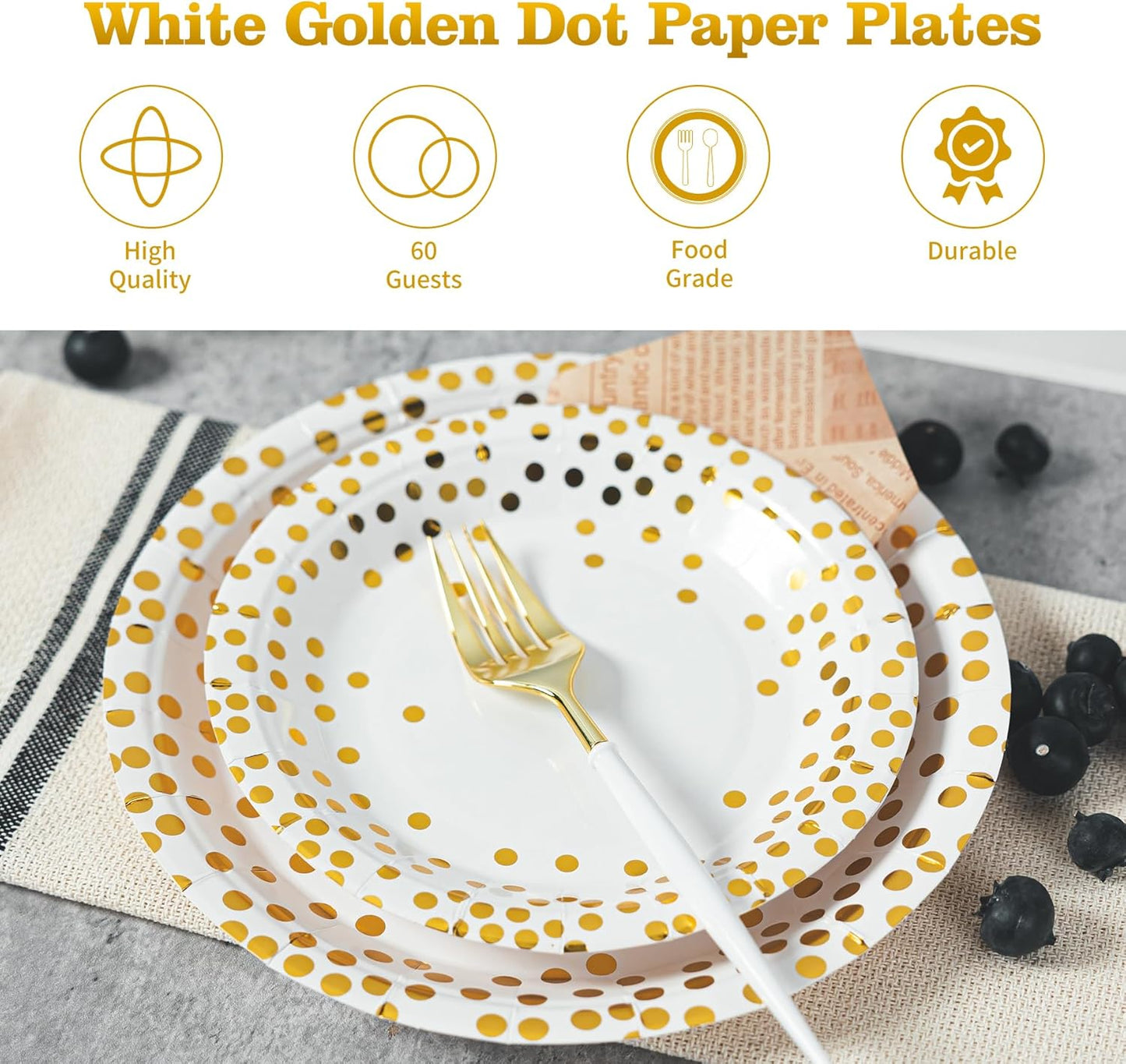 Lullaby 120PCS White Paper Plates, Disposable Gold Paper Plates, 60pcs Dinner Plates 9"，60pcs Dessert Plates 7", Party Plates with Golden Dot for Birthday, Gathering and Graduation