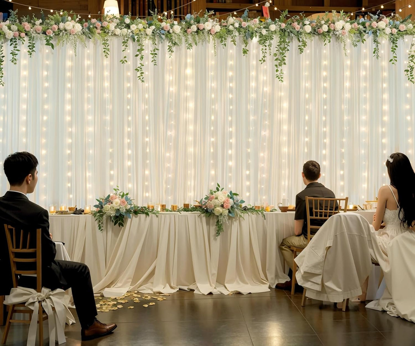 20ft x 10ft Ivory Tulle Photo Backdrop Curtain with Lights String for Parties Wedding Sheer Ivory Curtain Backdrop for Birthday Party Bridal Shower Photo Booth Photography Background Decorations