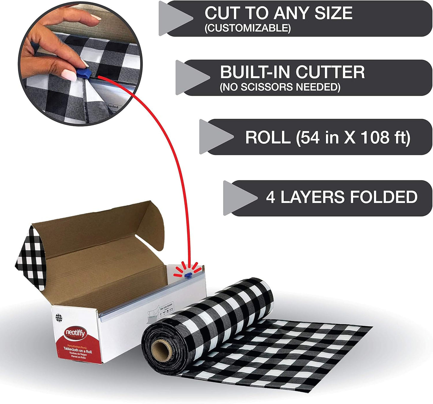 Neatiffy Disposable Plastic Table Cloth Roll | 54 in x 108 Ft Waterproof Tablecloth | Table Cover for Rectangle, Square, Round Oval Tables | Picnic, Party, Banquet, Birthdays, Weddings, BlackCheckered