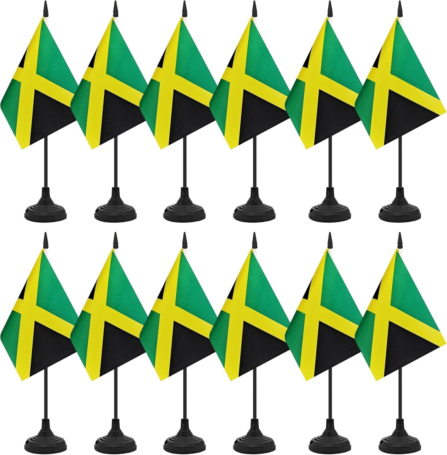 12 Pack Jamaica Desk Flag Set, Jamaican Table Office Flag, Small Miniature Desktop Flag With Black Pole and Black Base, Classroom, Offices Meeting Desk Decoration (Jamaica)