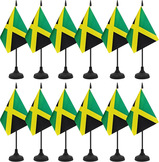 12 Pack Jamaica Desk Flag Set, Jamaican Table Office Flag, Small Miniature Desktop Flag With Black Pole and Black Base, Classroom, Offices Meeting Desk Decoration (Jamaica)