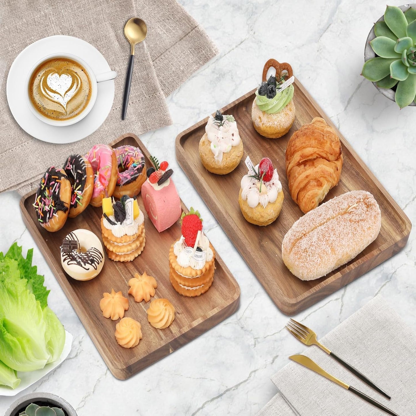 2pcs 15"x10" Large Solid Acacia Wood Serving Trays Rectangular Wooden Serving Platters Natural Wooden Boards for Bar Coffee Party（Wood Log Color）