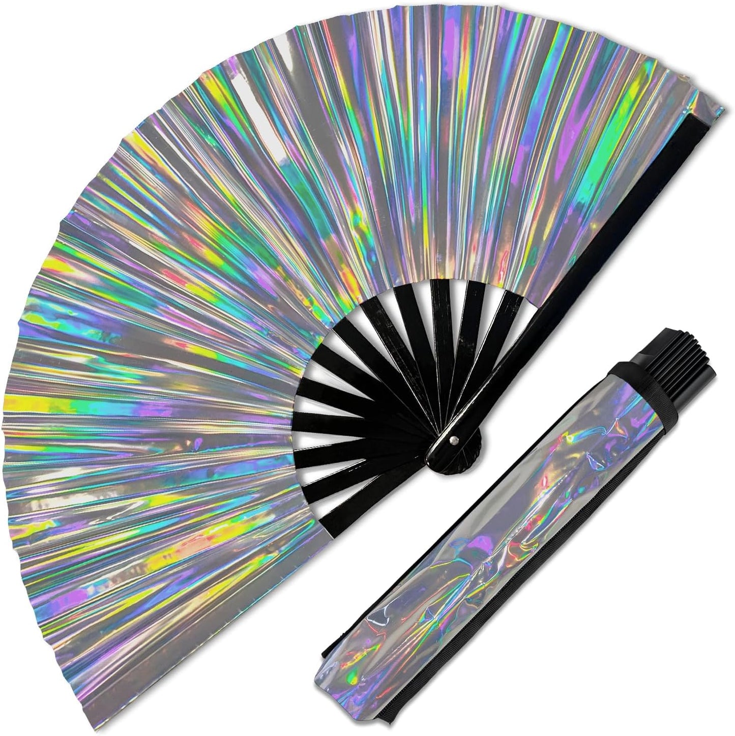 Holographic Folding Fan with Holster – Large Handheld Fan for Line Dancing, Festivals, Pride, and Costumes – Loud Bamboo Fan with Matching Belt Holster