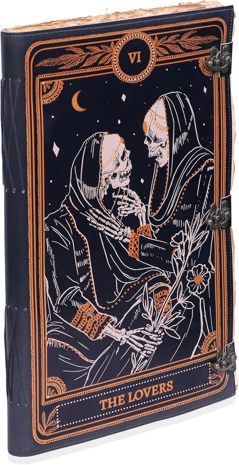 cuero Book of Spells Leather Journal Deckle Edge Paper Grimoire Printed Journal The Lovers Tarot Notebook Spiral Gothic Notebook Skull lover Antique Vintage Leather Journals for Women and Men
