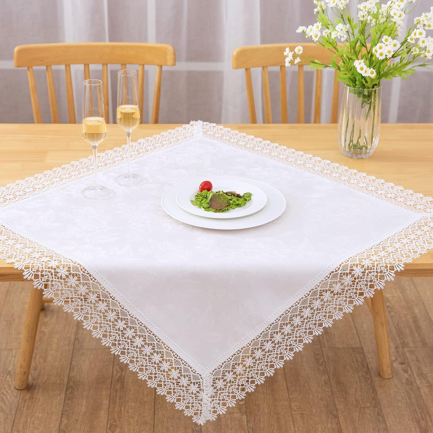 White lace Premium Square Farmhouse Tablecloth Waterproof OilProof SpillProof AntiShrink Soft Wrinkle Resistant Decorative Fabric Table Cover Kitchen Dinning Party Wedding Banquet