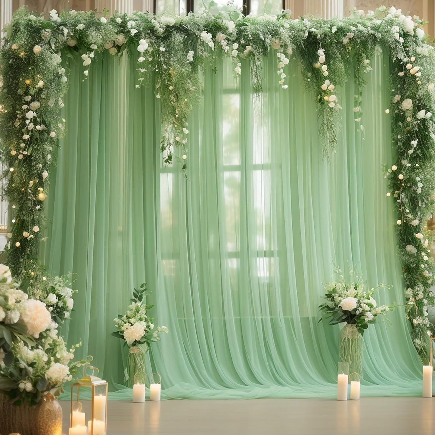 20x10 Green Tulle Backdrop Curtains for Parties, Sheer Backdrop Curtain Wedding Photo Background Drapes for Baby Shower Photography Birthday Party