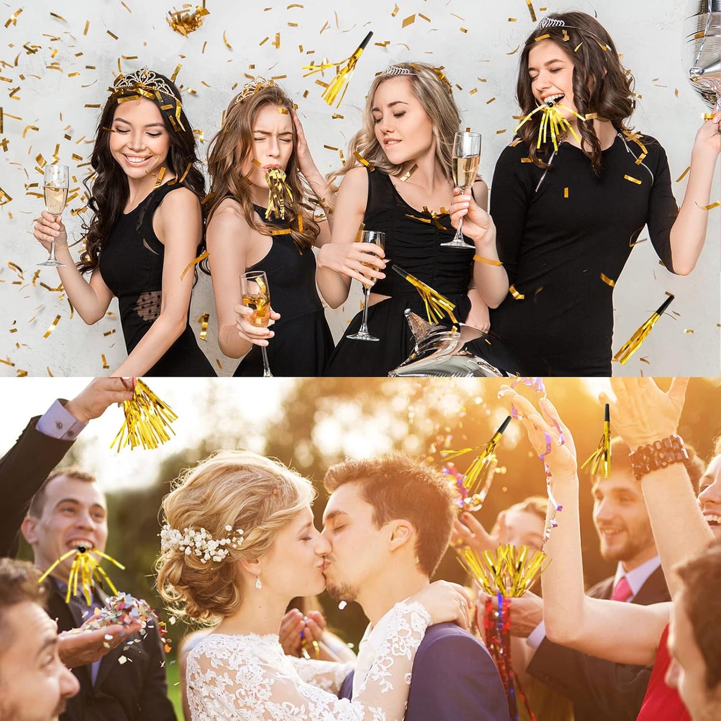 200 Pcs Party Blowers Noise Makers Party Horns Blowout Clappers Noisemakers for Halloween Christmas Birthday Sporting Party New Year's Eve Party Supplies 2025(Black Gold)