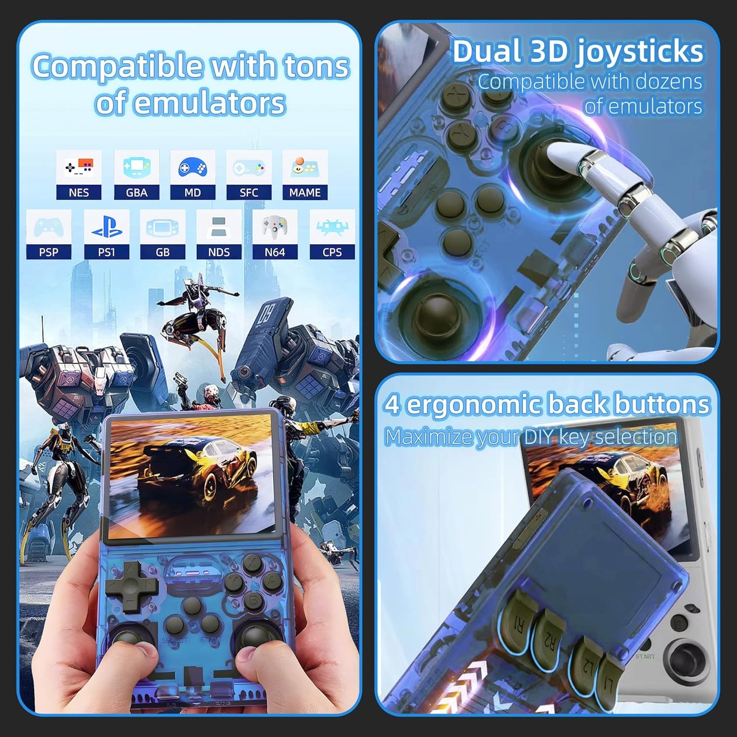 R40S PRO Retro Gaming Console, 30000+ HD Games Handheld Game Console, 3800mAh Rechargeable Mini Retro Video Console with 256GB TF Card, Portable Pocket Arcade (Transparent Blue)