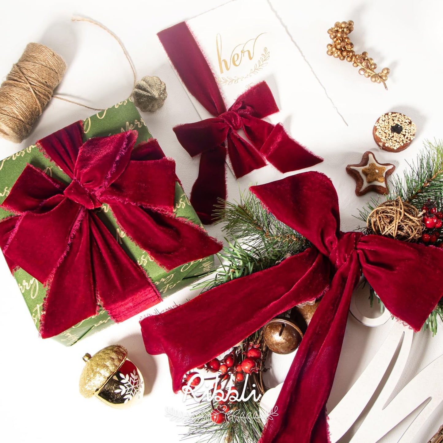 Ribbli Burgundy Velvet Ribbon 1.5 Inch Handmade Frayed Vintage Christmas Ribbon for Gift Wrapping Christmas Tree Ornament Wreath Craft Home Decor -Total 3 Yards with Wooden Spool