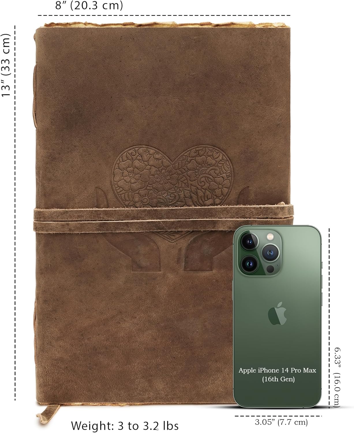 LUXEORIA Heart Journal for Women and Men, Handcrafted Leather Journal for Writing Womens, Sketchbook, Travel Diary with Unlined Deckle Paper, Distressed Brown 8x13