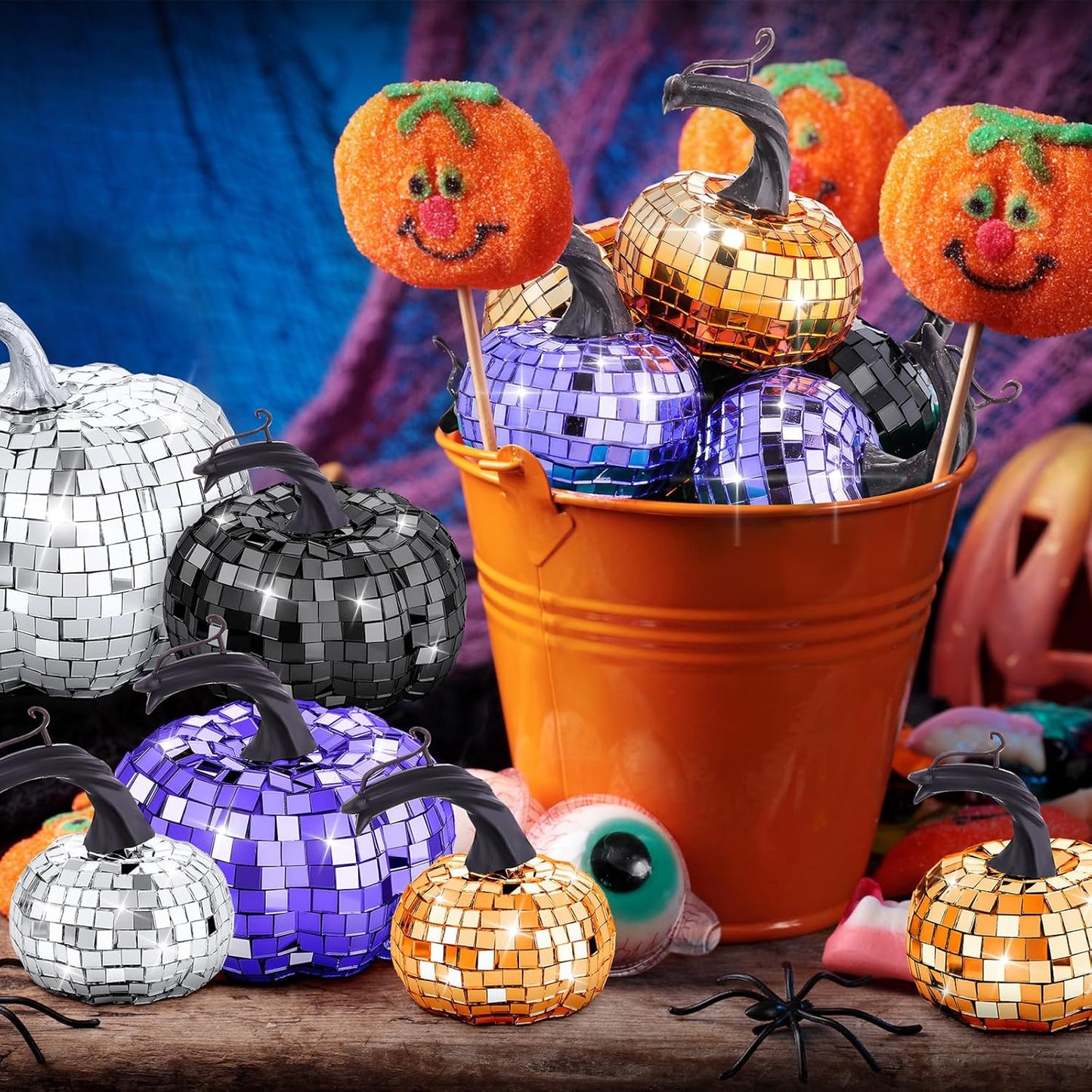 Lenwen 12 Pcs Artificial Disco Pumpkin Glitter Mirror Pumpkin for Decorating Fall Farmhouse Hanging Ornament Harvest Decor for Halloween Thanksgiving Table Centerpiece(Orange, Sliver, Black, Purple)