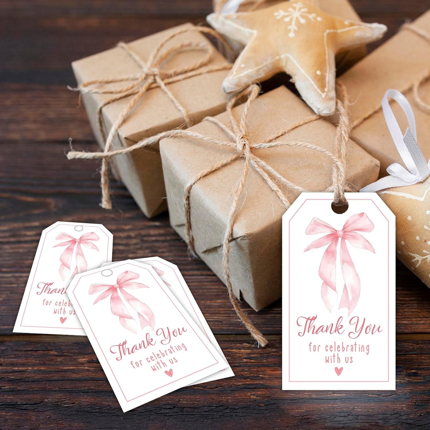Thank You Label with String, 2x3.5 Inch Pink Bow Gift Tags, Thank You for Celebrating with Us Tag, Paper Personalized Design Gift Label for Wrapping Party Favor-A11