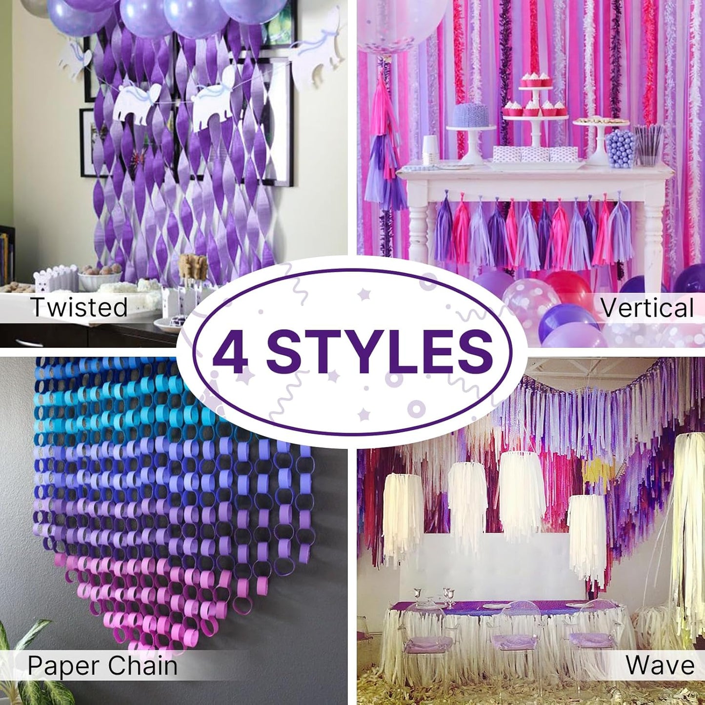 PartyWoo Purple Crepe Paper Streamers 4pcs 328ft Pack of Dark Purple Crepe Paper Streamers for Birthday Gender Reveal Baby Shower Bachelorette Graduation Princess Butterfly Theme Party Decorations