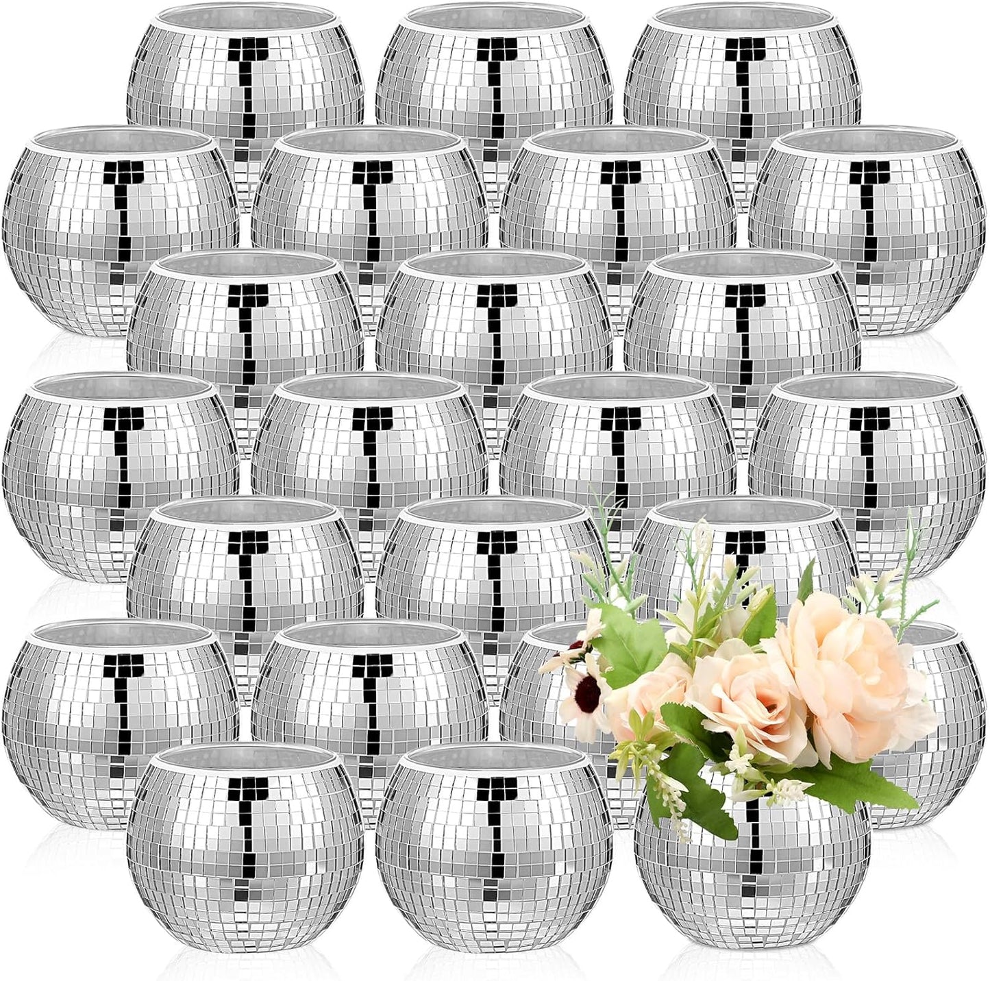Jinei 24 Pcs Disco Vases Bulk Silver Mirror Disco Ball Flower Glass Ball Planter Candle Holder Glass Vase for Wedding Table Centerpieces Bedroom Office Birthday Decoration (3" X 4")