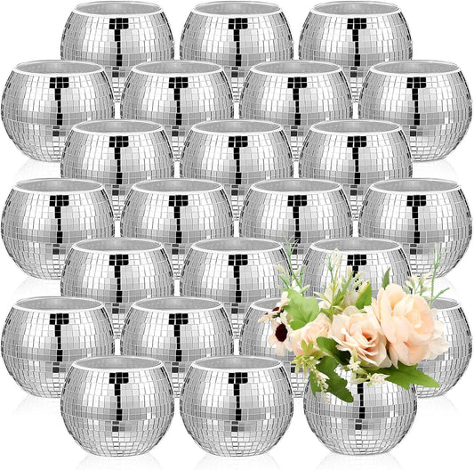 Jinei 24 Pcs Disco Vases Bulk Silver Mirror Disco Ball Flower Glass Ball Planter Candle Holder Glass Vase for Wedding Table Centerpieces Bedroom Office Birthday Decoration (3" X 4")
