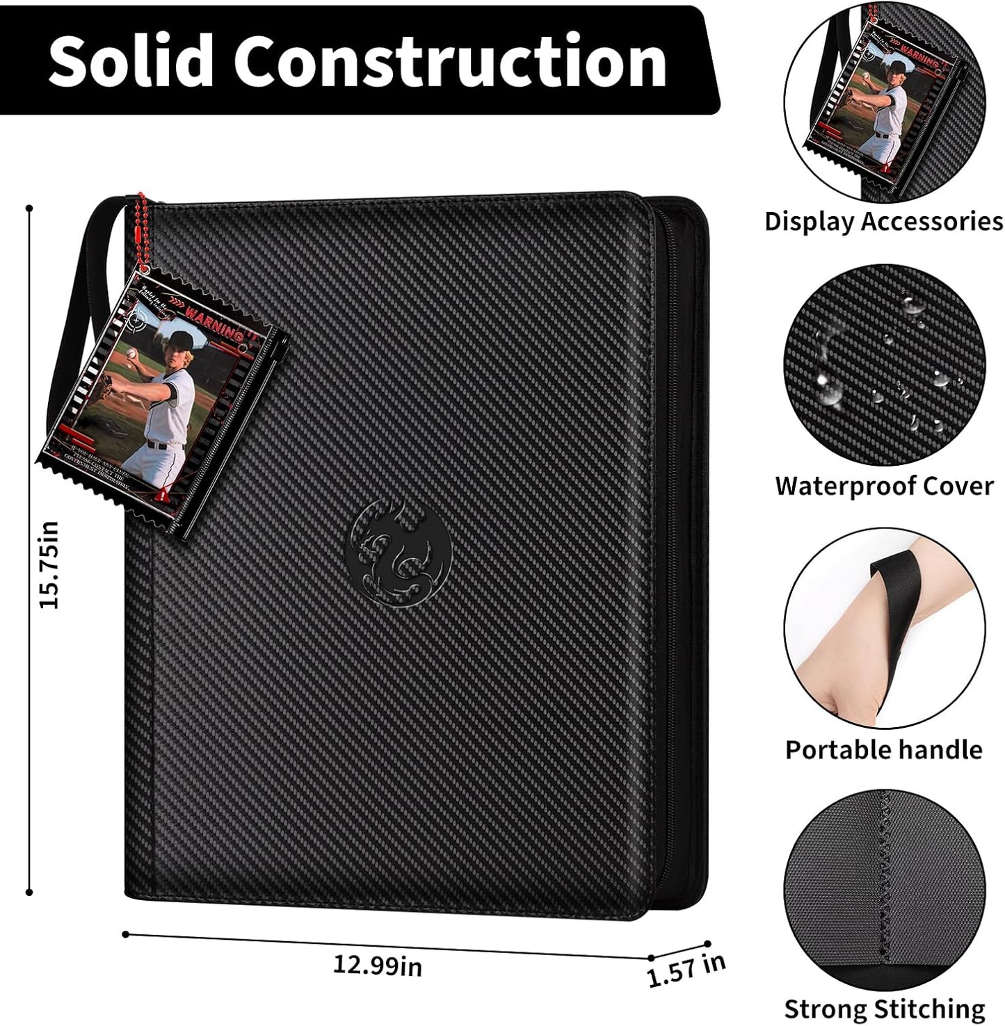 9-Pocket Toploader Binder, Baseball Football Sports Game Cards for 3"x4" Rigid Toploaders Trading Card Collection Album Holds 288 Cards Waterproof Storage Book Easy to Insert (Black)