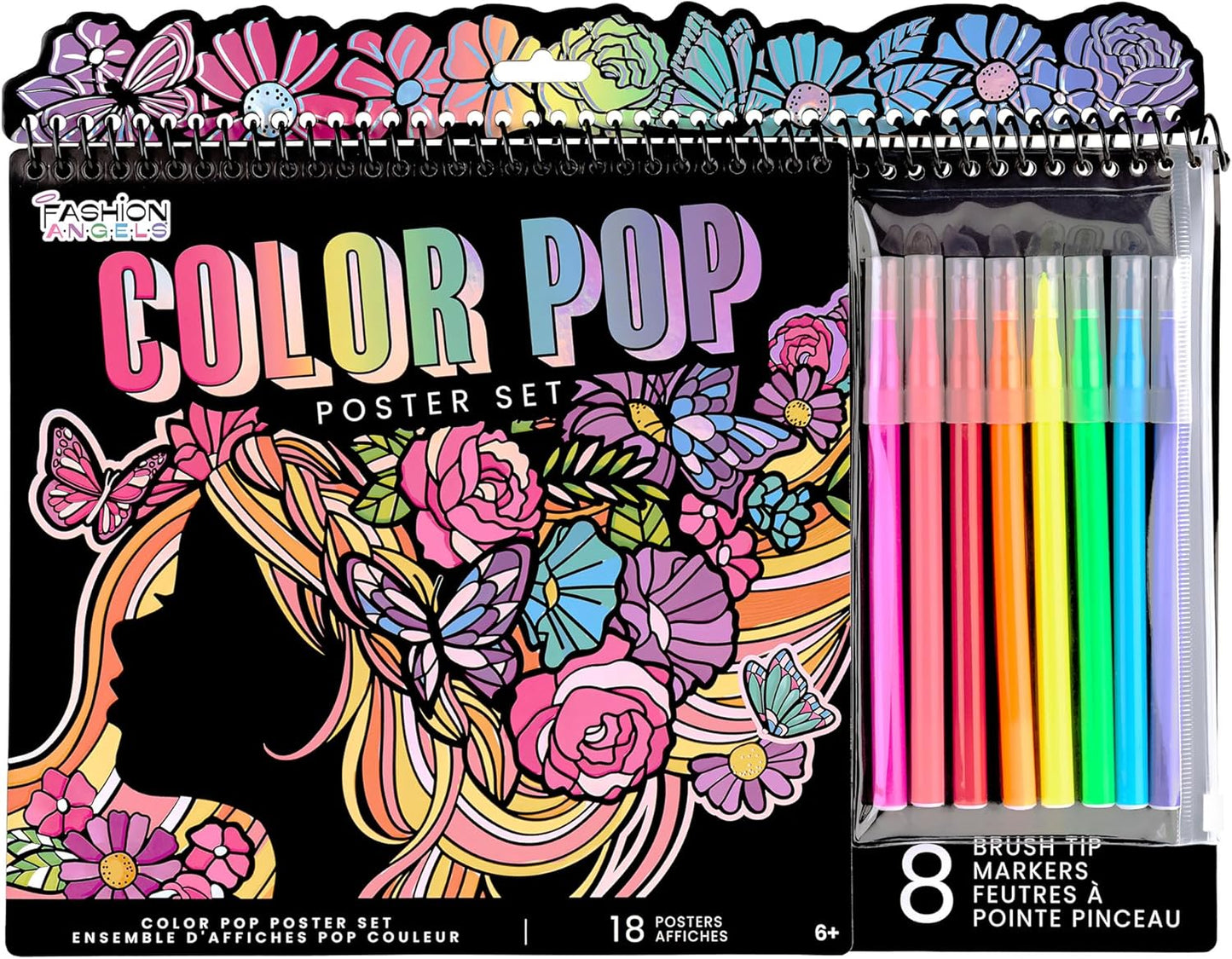 Fashion Angels Color Pop Poster Set, Includes 18 Posters & 8 Brush Tip Markers for Kids, Tweens & Teens, Perfect for Arts & Crafts, Coloring & DIY Room Decor