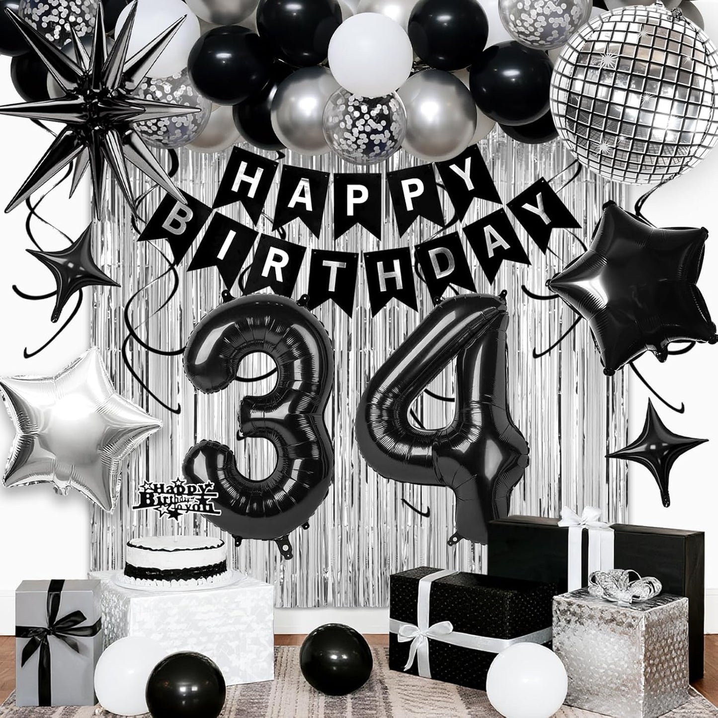 34th Birthday Decorations for Men Women, Black Silver Happy Birthday Party Decorations， 34 Year Old Party Supplies with Number 34 Balloons, Banner, Fringe Curtains Kit
