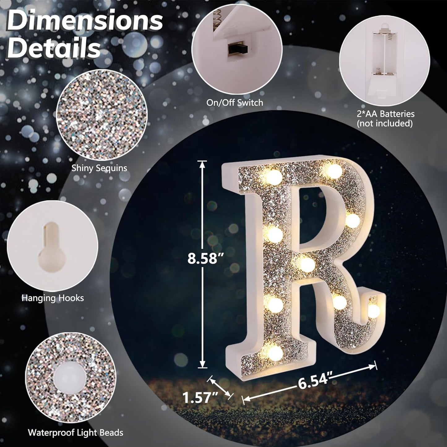 Marquee Light Up Letters, Glitter Silver LED Letter Lights Battery Powered Alphabet Letter Sign for Night Light Wedding Birthday Party Cafe Bar Decoration Girls Room Decor - R