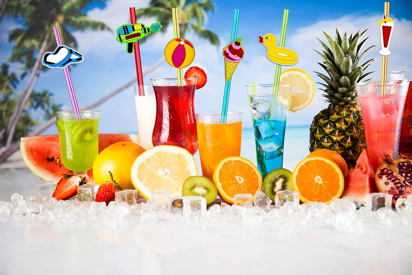 24 Pieces Beach Theme Reusable Plastic Drink Cocktail Straws Beach Ball Pool Summer Birthday Party Favor Decorations With 2 Cleaning Brushes 6 Colors Straws