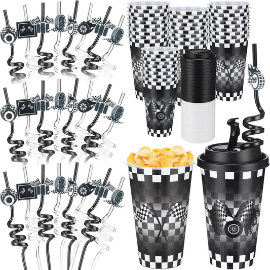 Yungyan 16 Sets Checkered Flag Party Favors Goodie Cups with Lids and Straws for Birthday Decorations Reusable 16oz Plastic Candy Cups Plastic Straws for Birthday Party (Checkered Flag)