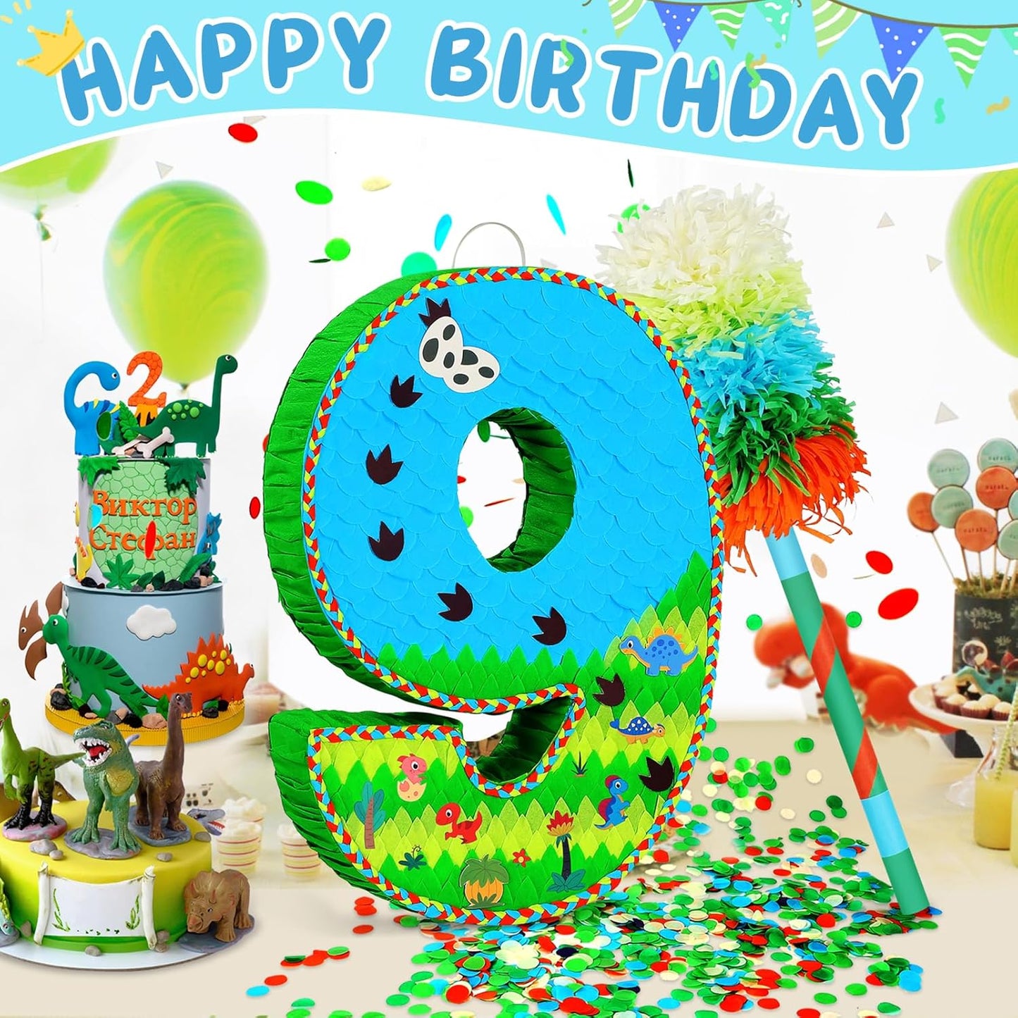 Number 9 Pinata for Birthday Party Decorations, Jungle Dinosaur Piñata Games Toy (9th)