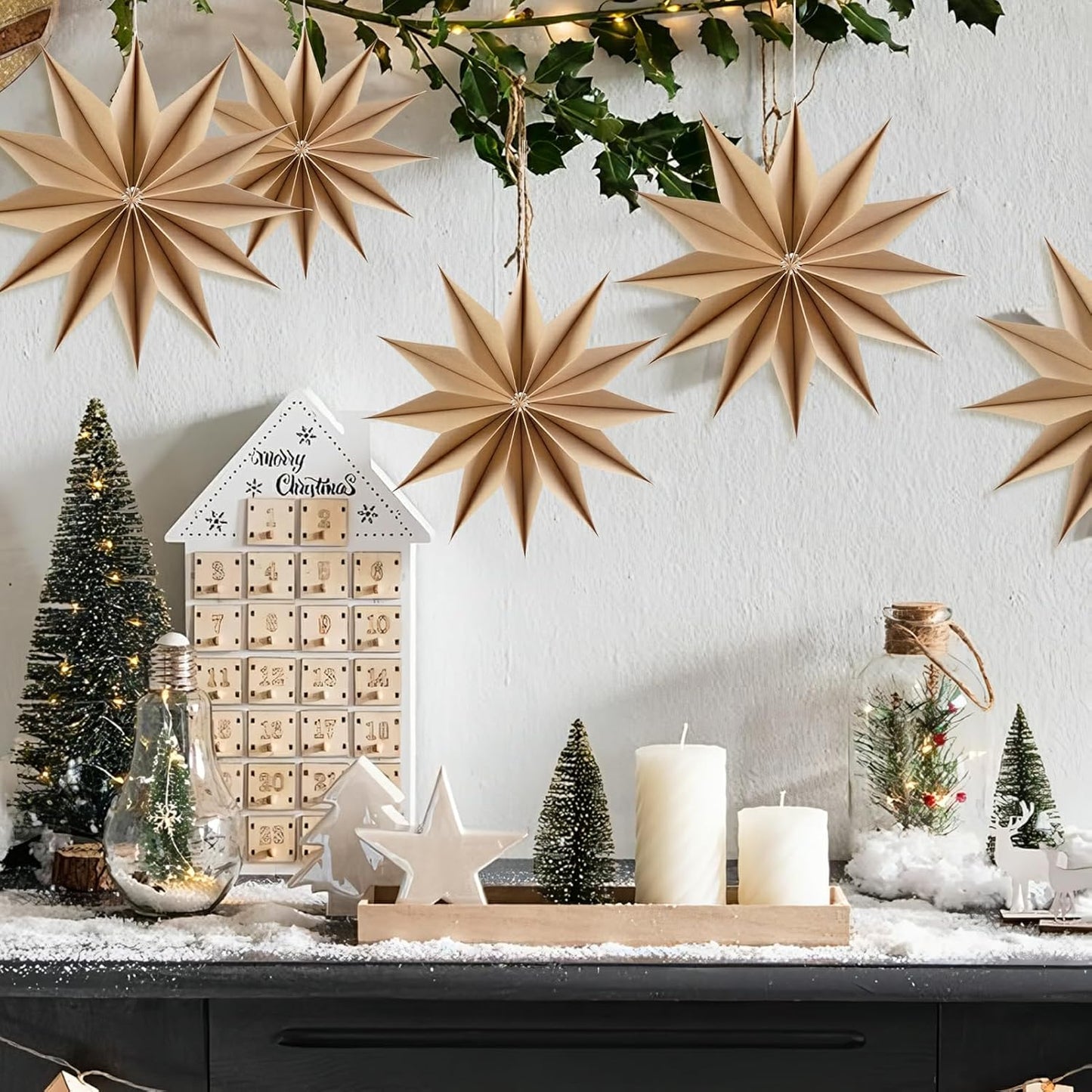 5 Pcs 12-Pointed Brown Paper Star Lanterns 12 Inch Hanging Lamp Rustic Paper Decorations Shade Scandi Home Party Decorations for Wedding Birthday Christmas