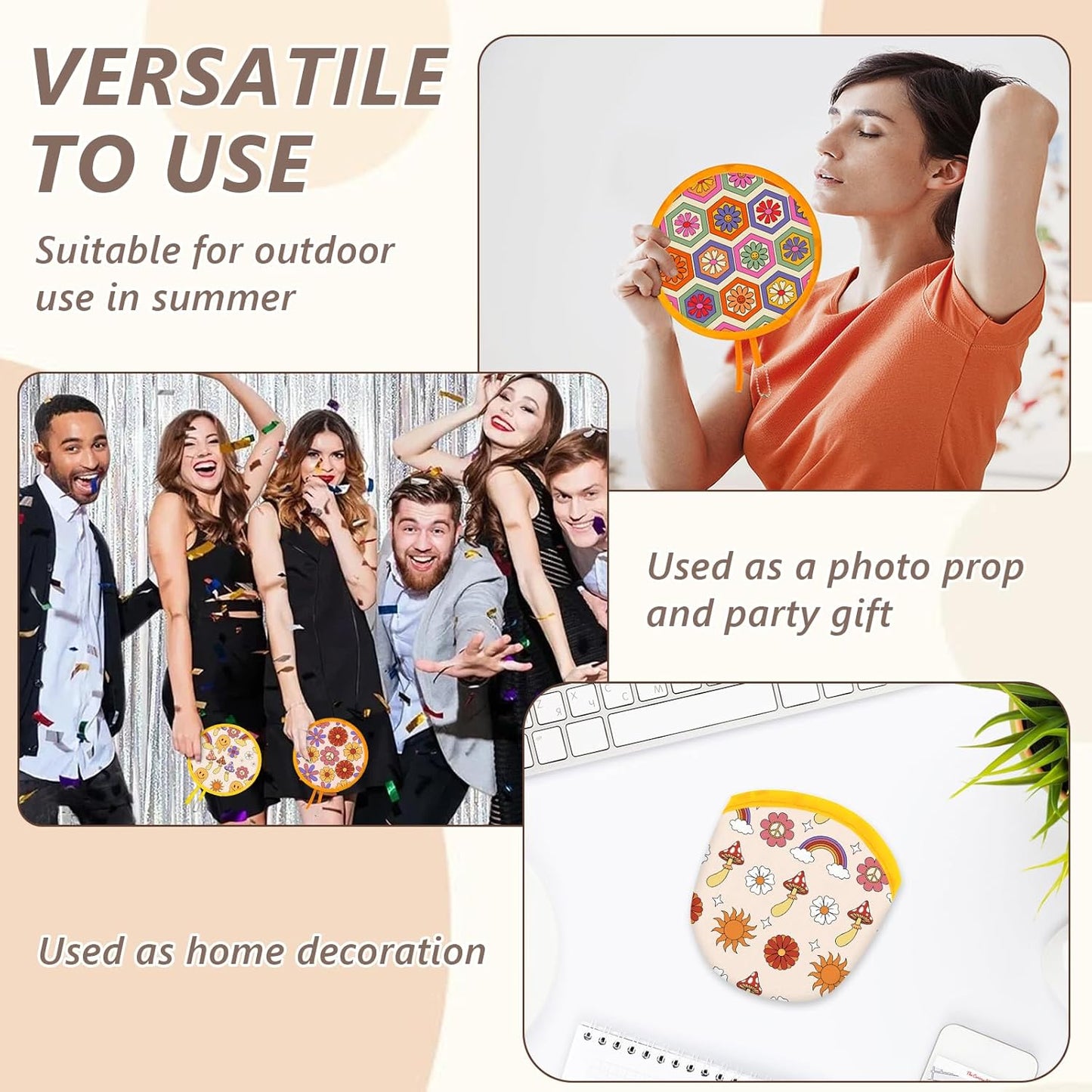 4 Styles Retro Hippie Round Foldable Hand Fan Japanese Foldable Fan Style Handheld Compact Cooling Fans,Round Folding Fan for Outdoor Games,Xmas Decoration,Festival,Party Favors,Travel,Events