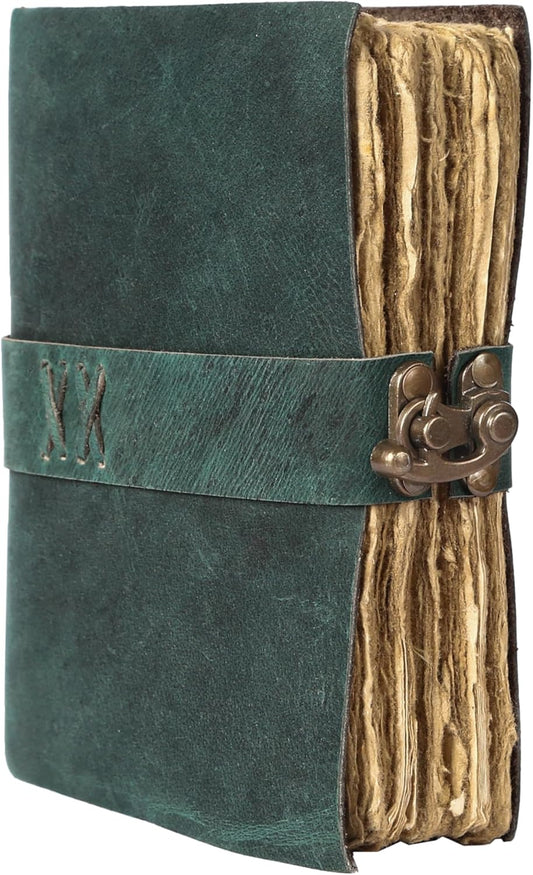Vintage Leather Journal Handmade Buffalo Non-Refillable Deckle Edge Paper – Leather Bound Journal for Women, Men, C-Lock Closure Ideal for Writing & Travel for Artists (Sea Green)
