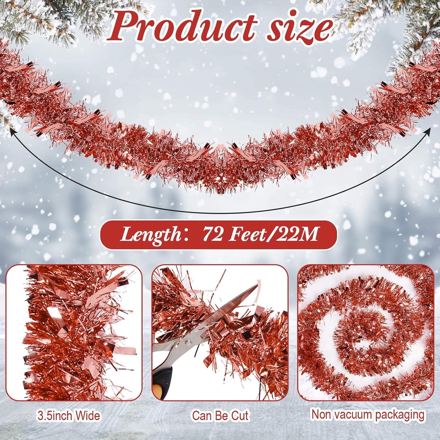 72 Feet Christmas Tinsel Garland Shiny Metallic Tinsel Twist Garland Streamers Ornaments Long Glitter Christmas Tree Hanging Decorations for Party Holiday Wedding Birthday Tree Wall Rail (Rose Gold)