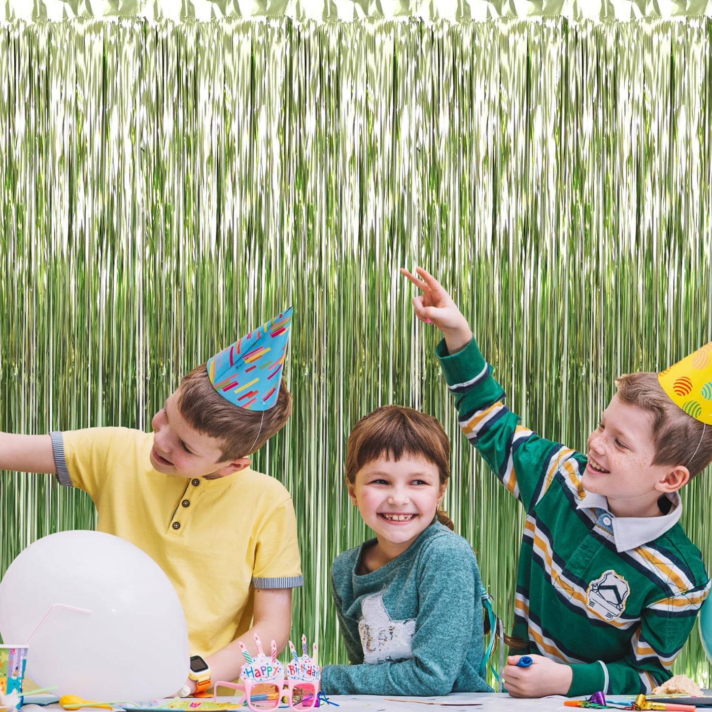 GOER 3.2 ft x 8.2 ft Metallic Tinsel Foil Fringe Curtains Party Photo Backdrop Party Streamers for Birthday,Graduation,New Year Eve Decorations Wedding Decor (3 Pcs,Sage Green)