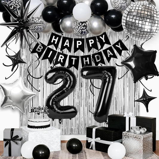 27th Birthday Decorations for Men Women, Black Silver Happy Birthday Party Decorations， 27 Year Old Party Supplies with Number 27 Balloons, Banner, Fringe Curtains Kit