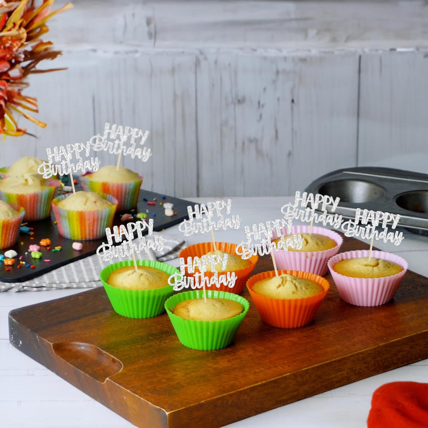 Gyufise 24Pcs Happy Birthday Cupcake Toppers Silver Glitter Birthday Cake Decorations Picks for Celebrating Birthday Party Decorations Supplies