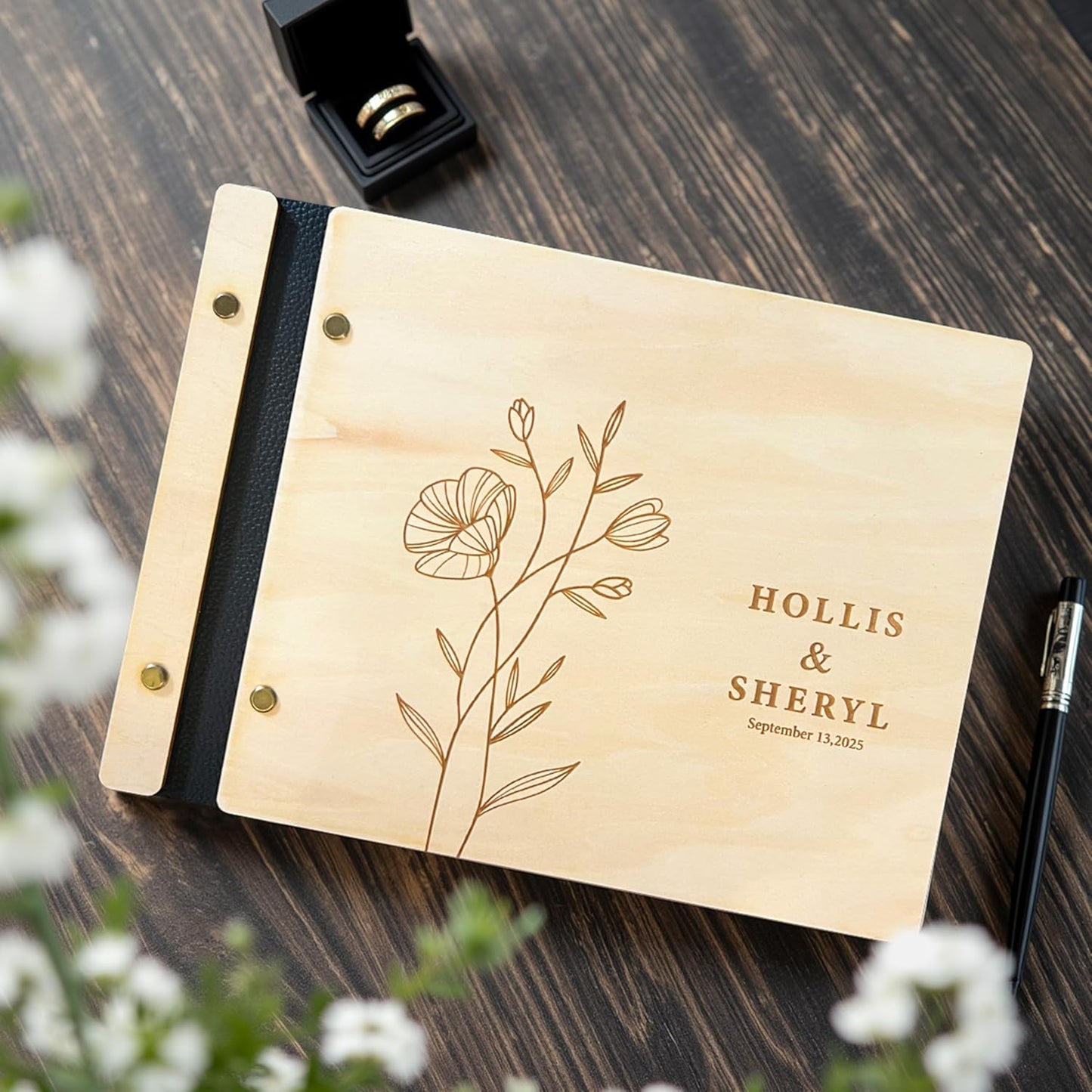 NBE Personalized Wooden Guest Book - Custom Wedding Sign-In Book with Burgundy Spine - Rustic Photo Album for Messages & Polaroids - Couples Keepsake Memory Gift (8.5x6 Inches)