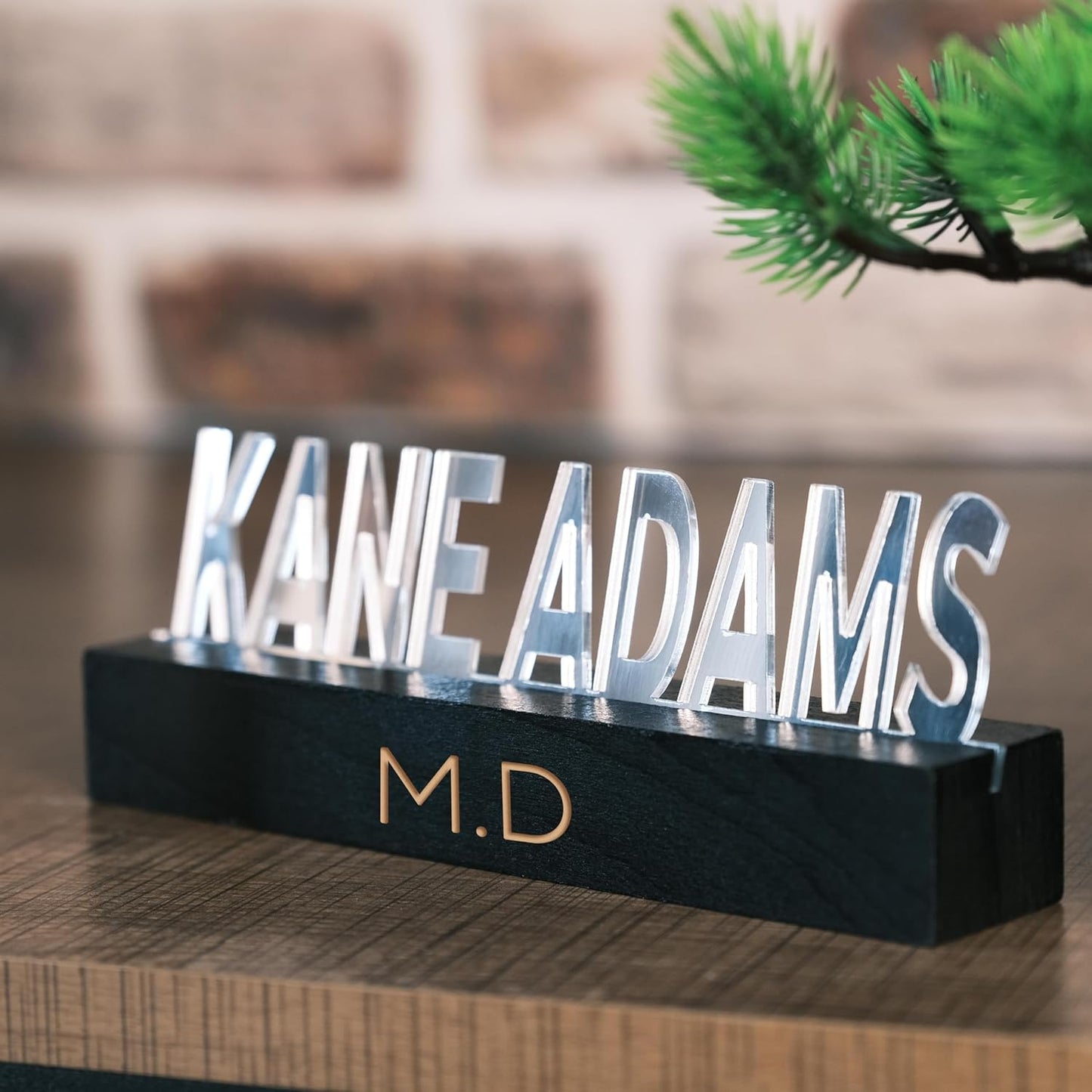 Personalized Silver Desk Name Plate – Custom Engraved Name Sign with Black Beech tree Base – Modern Office Name Tag Gift for Boss, Teacher, Coworker, or Professional – Handmade Desktop Decor