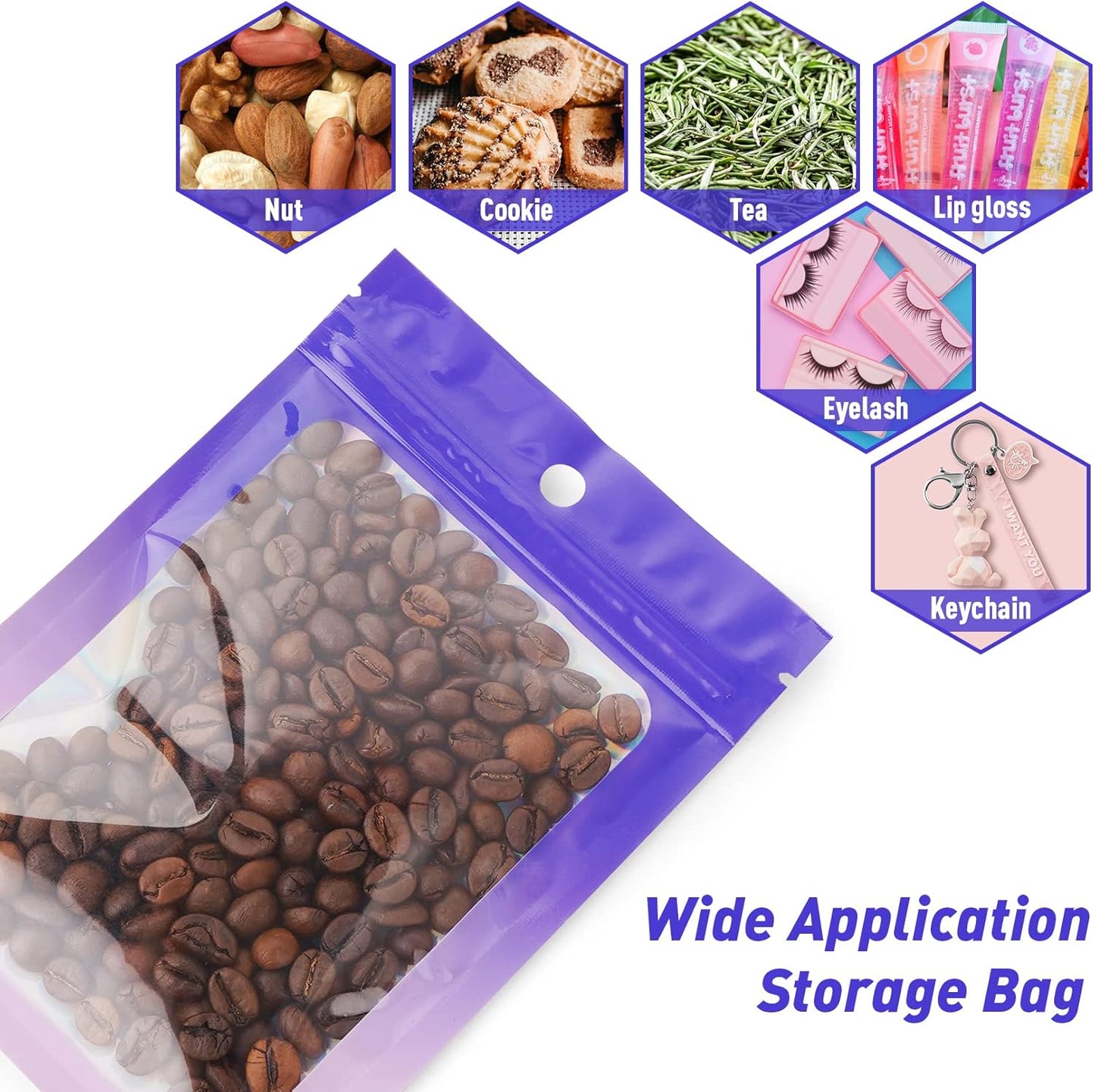 Funfery 100 Pack Holographic Bags,Mylar Resealable Bag with Zipper,Clear Window Packaging Pouch,Foil Bags for Food Storage,Sample Jewelry Baggies(4×6in,Purple Pink)