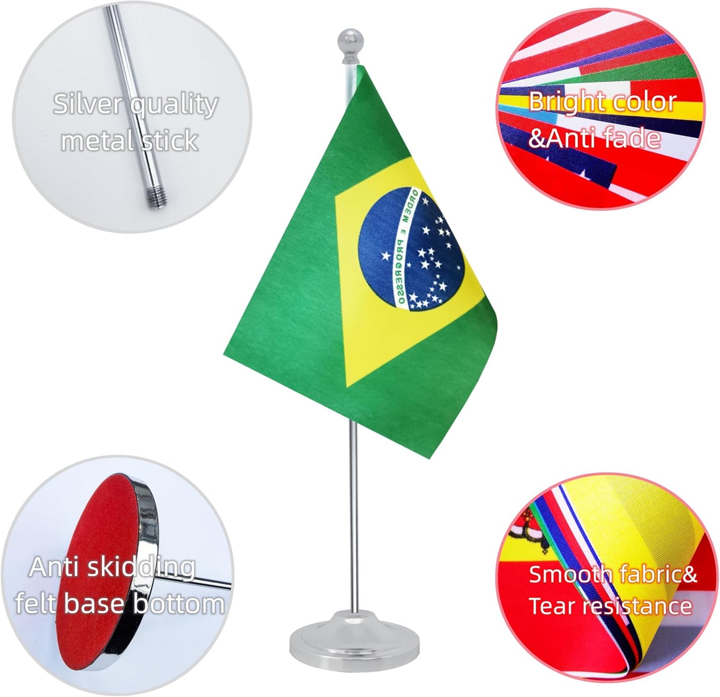Brazil Desk Flag, Brazilian Table Office Flag with Metal Pole and Stand Base, International Country Flags, Festival Event Celebration, Classroom Meeting Desktop Decor (Brazil)