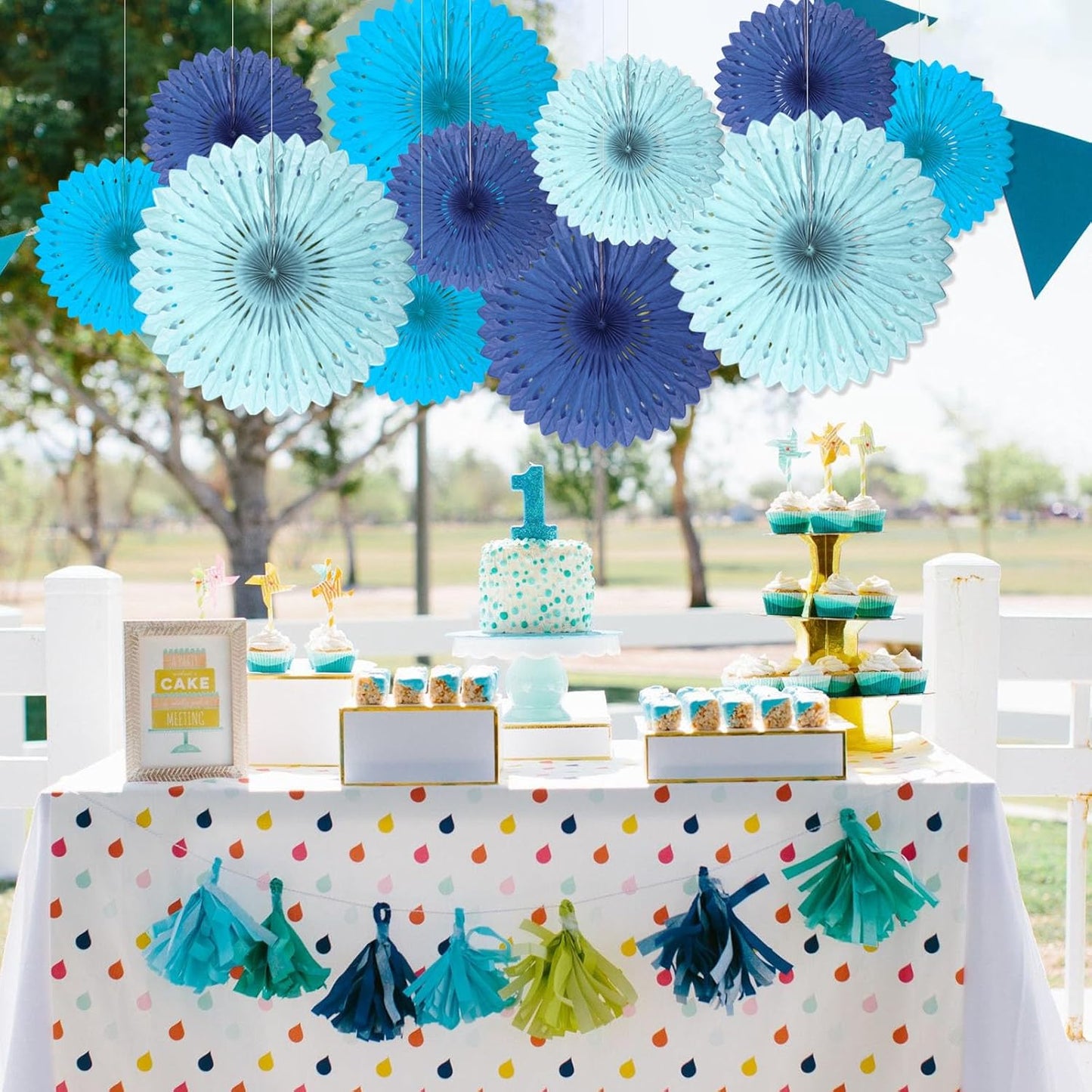 18 Pcs Blue Set Hanging Paper Fan, Hanging Honeycomb Round Paper Fans for Weddings, Birthdays, Baby Showers, Classroom, Events Ceiling Party Supplies Decorations