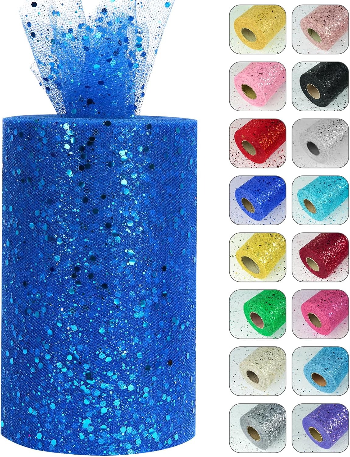 Glitter Tulle Rolls, 6” by 50 Yards (150FT) Sparkling Tulle Spool Ribbon Sequin Tulle Netting Fabric for Tutu Skirt Wedding Birthday Baby Shower(Royal Blue)